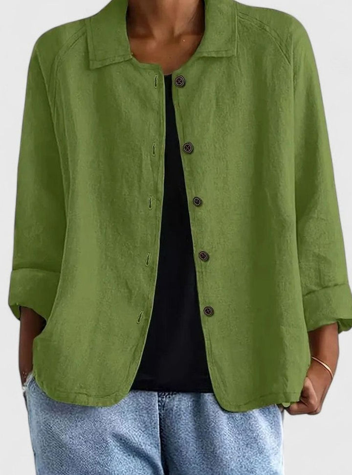 Women's Loose-Fit Button-Up Collared Linen-Look Jacket - Green