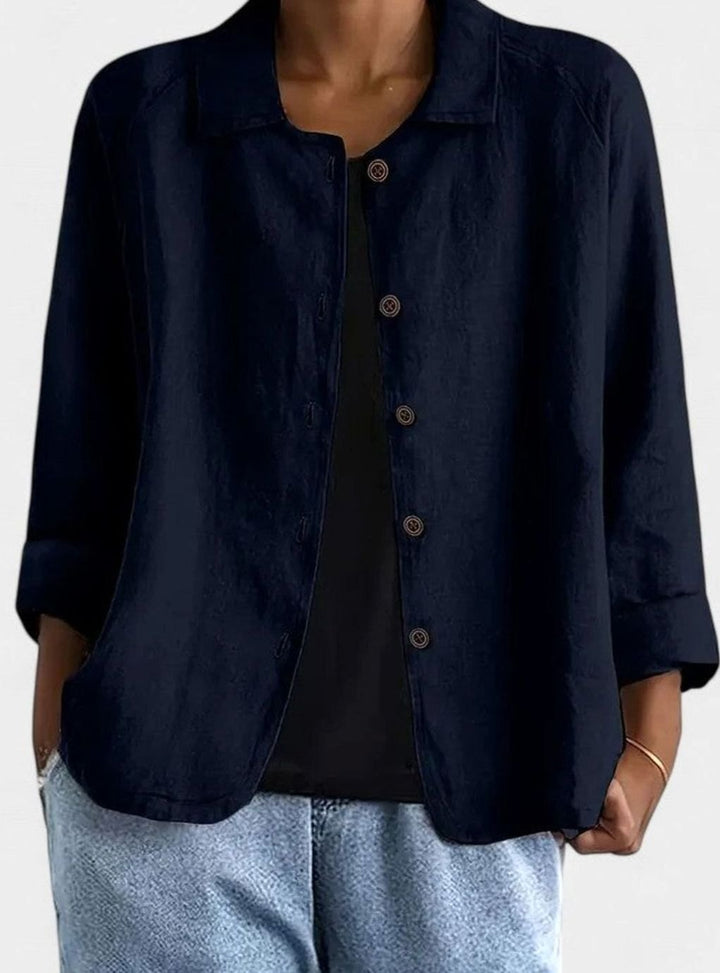 Women's Loose-Fit Button-Up Collared Linen-Look Jacket - Navy Blue