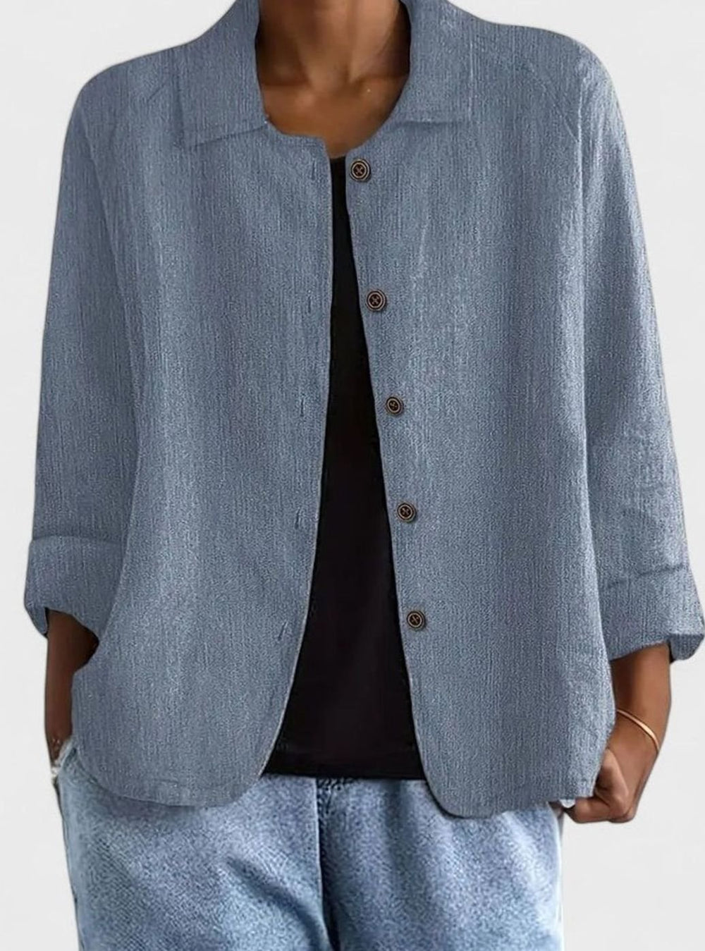 Women's Loose-Fit Button-Up Collared Linen-Look Jacket - Blue Grey