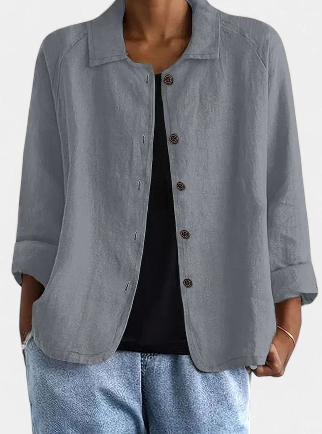 Women's Loose-Fit Button-Up Collared Linen-Look Jacket - Light Grey