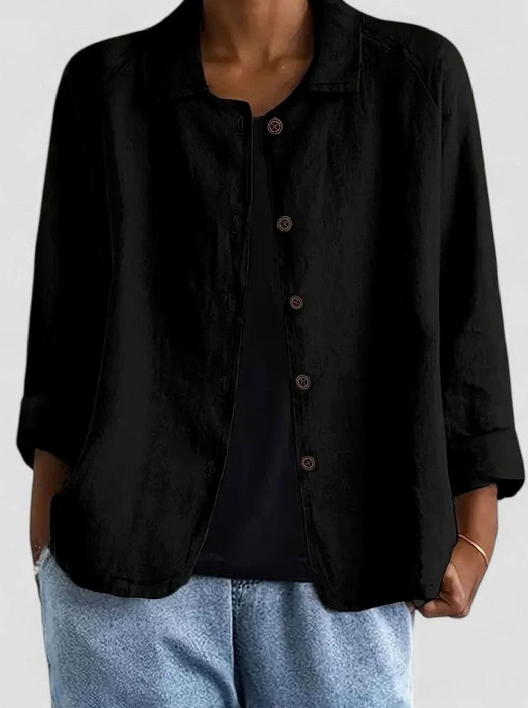 Women's Loose-Fit Button-Up Collared Linen-Look Jacket - Black