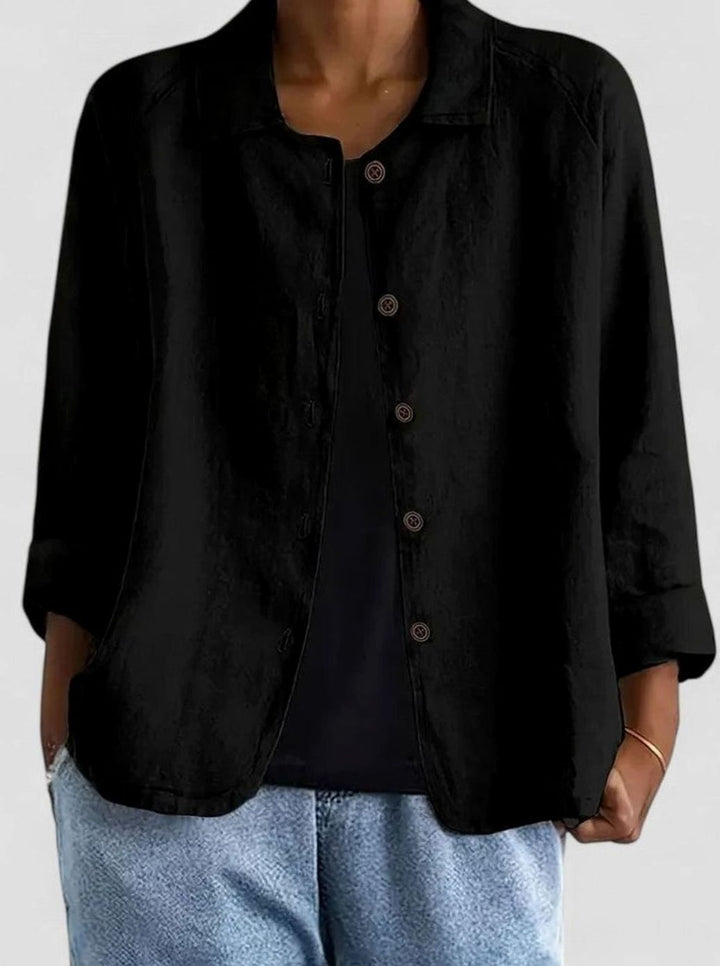 Women's Loose-Fit Button-Up Collared Linen-Look Jacket - Black