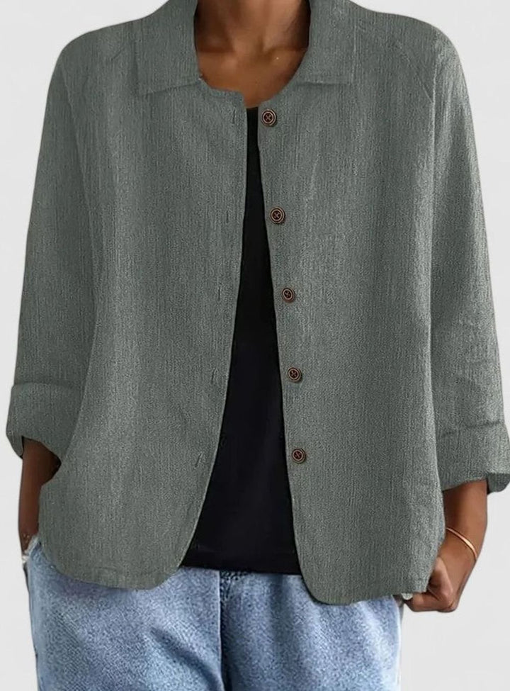 Women's Loose-Fit Button-Up Collared Linen-Look Jacket - Grey