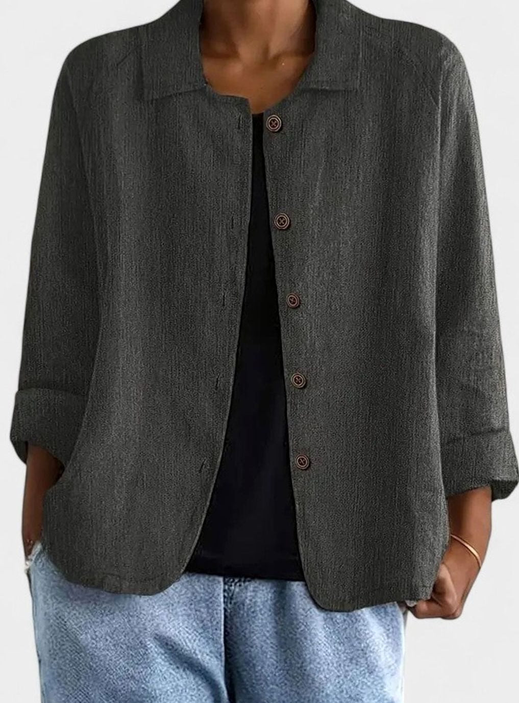 Women's Loose-Fit Button-Up Collared Linen-Look Jacket - Dark Grey