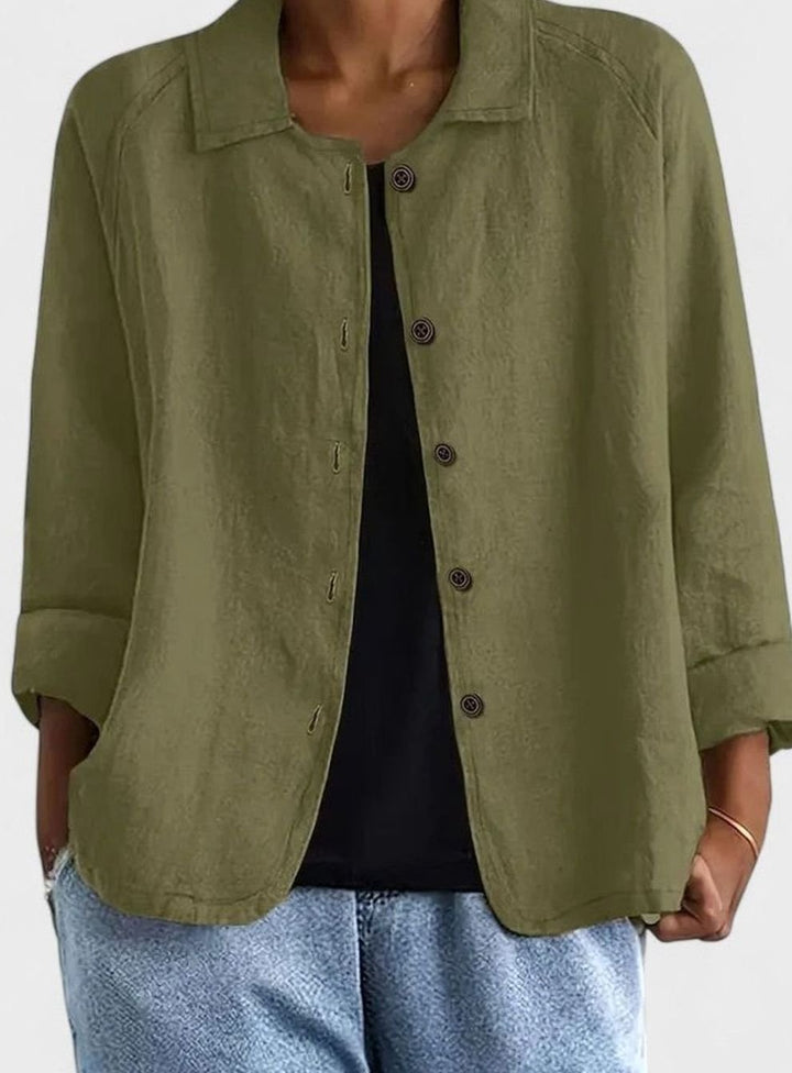 Women's Loose-Fit Button-Up Collared Linen-Look Jacket - Olive