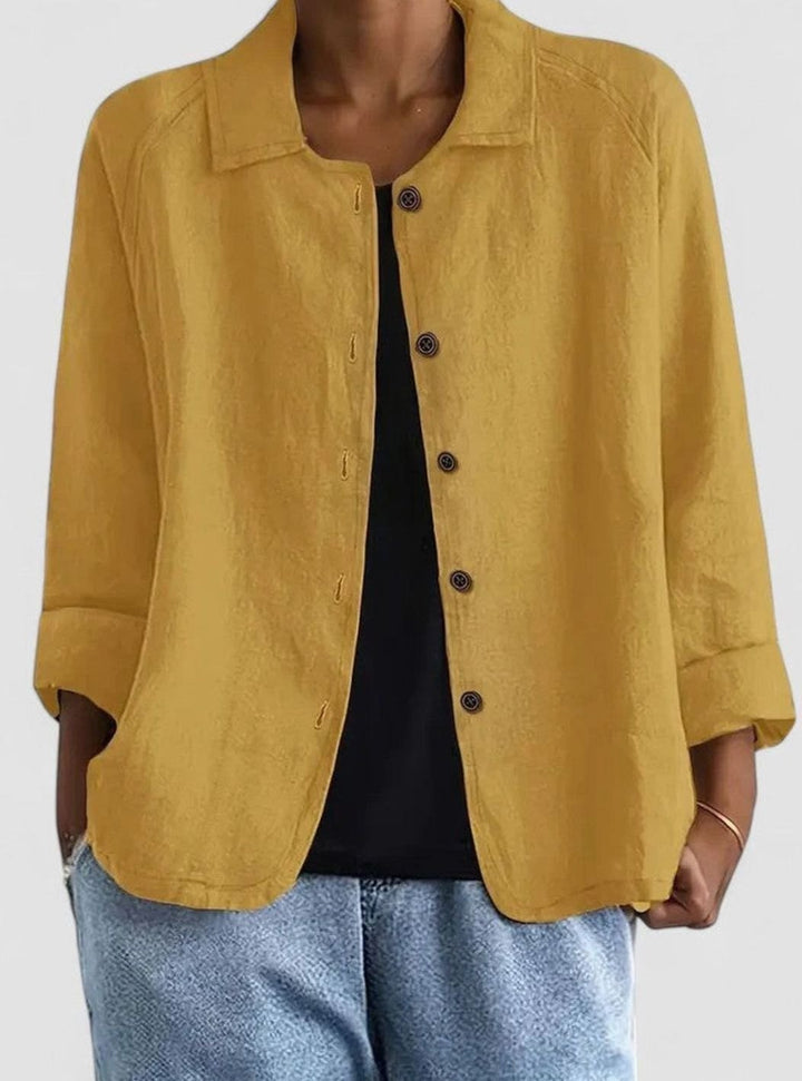 Women's Loose-Fit Button-Up Collared Linen-Look Jacket - Yellow