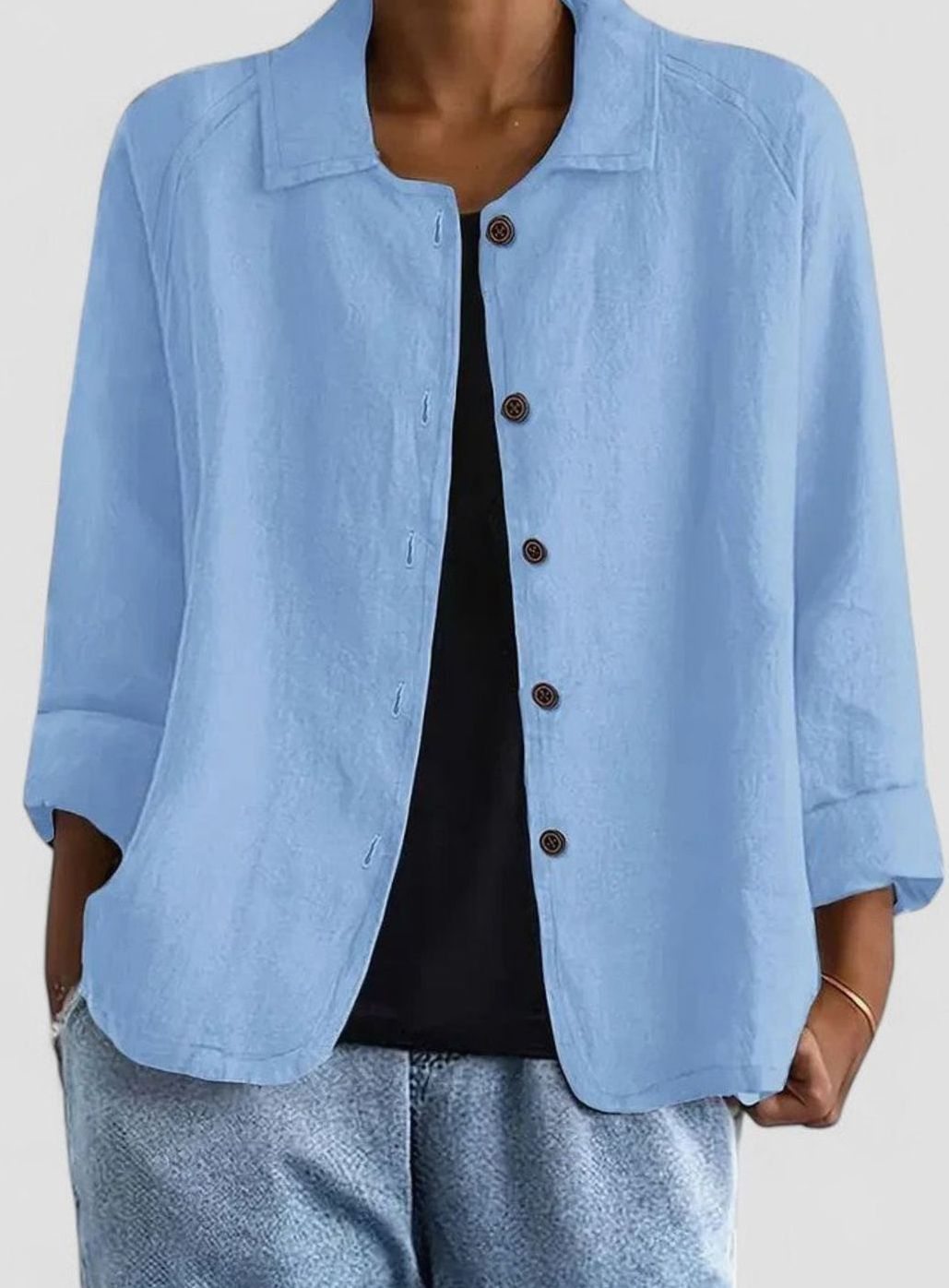 Women's Loose-Fit Button-Up Collared Linen-Look Jacket - Light Blue