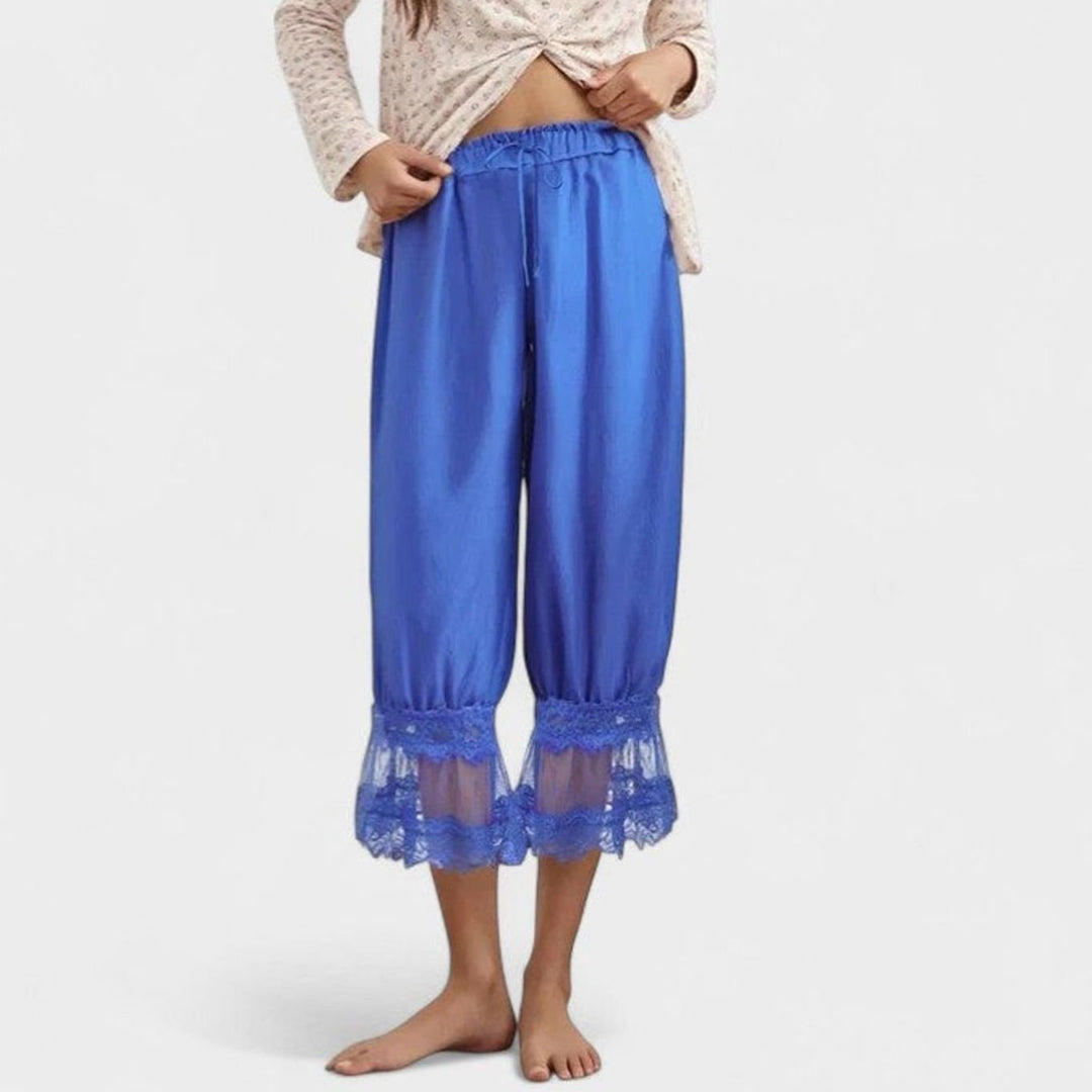 Women's Loose Mid-Rise Lace-Trim Cropped Trousers - Blue