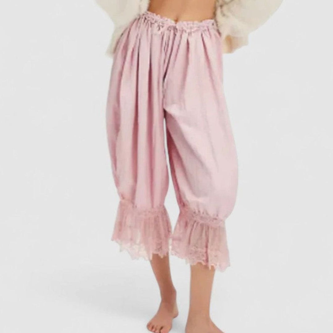 Women's Loose Mid-Rise Lace-Trim Cropped Trousers - Light Pink
