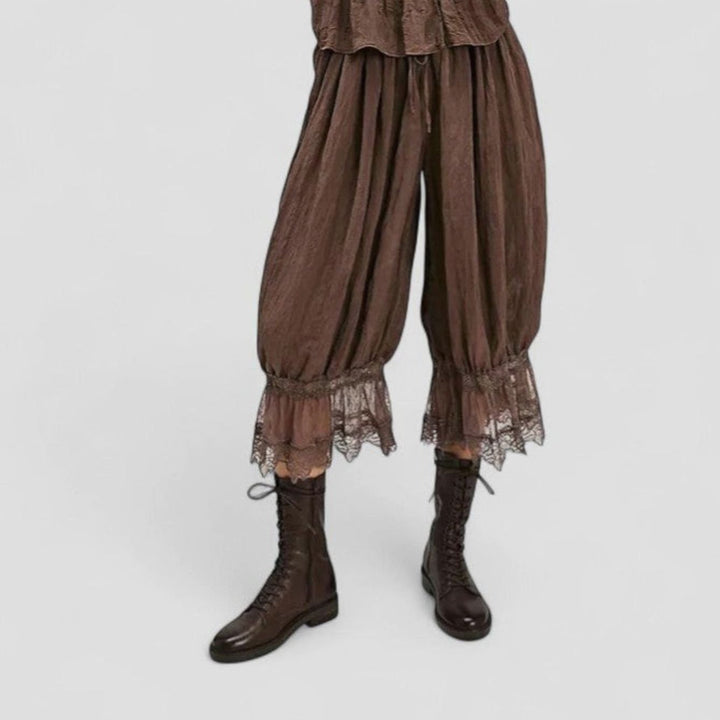 Women's Loose Mid-Rise Lace-Trim Cropped Trousers - Brown