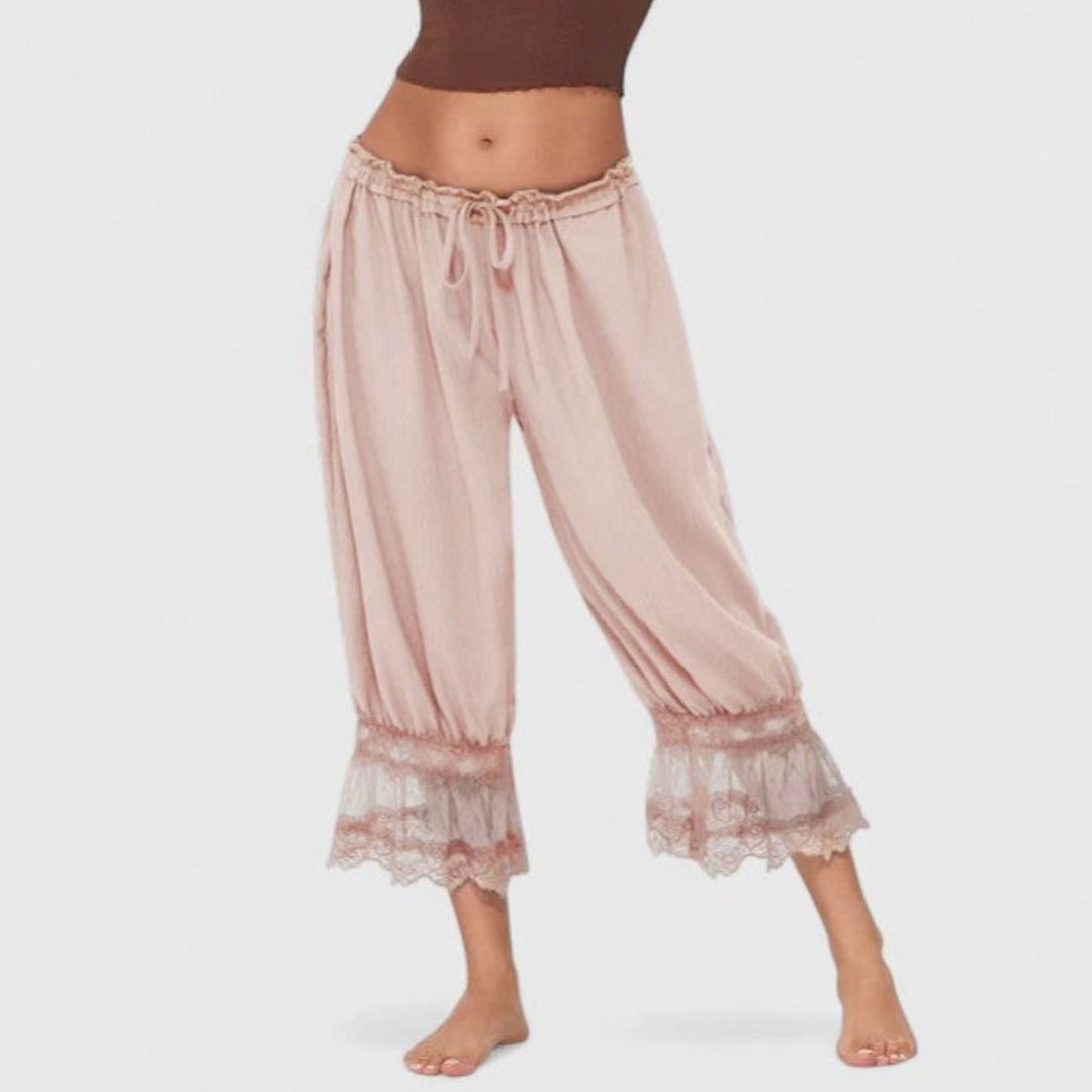 Women's Loose Mid-Rise Lace-Trim Cropped Trousers - Pink