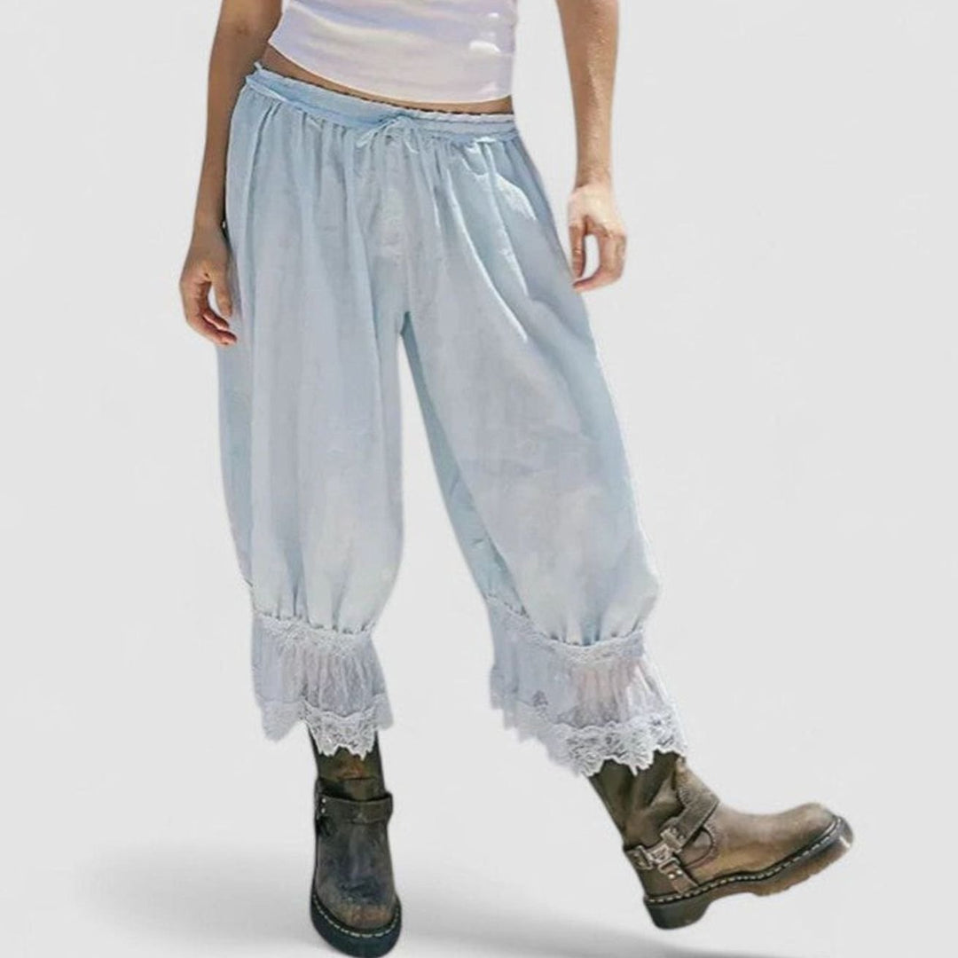 Women's Loose Mid-Rise Lace-Trim Cropped Trousers - Grey Blue
