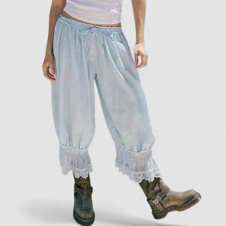 Women's Loose Mid-Rise Lace-Trim Cropped Trousers - Grey Blue