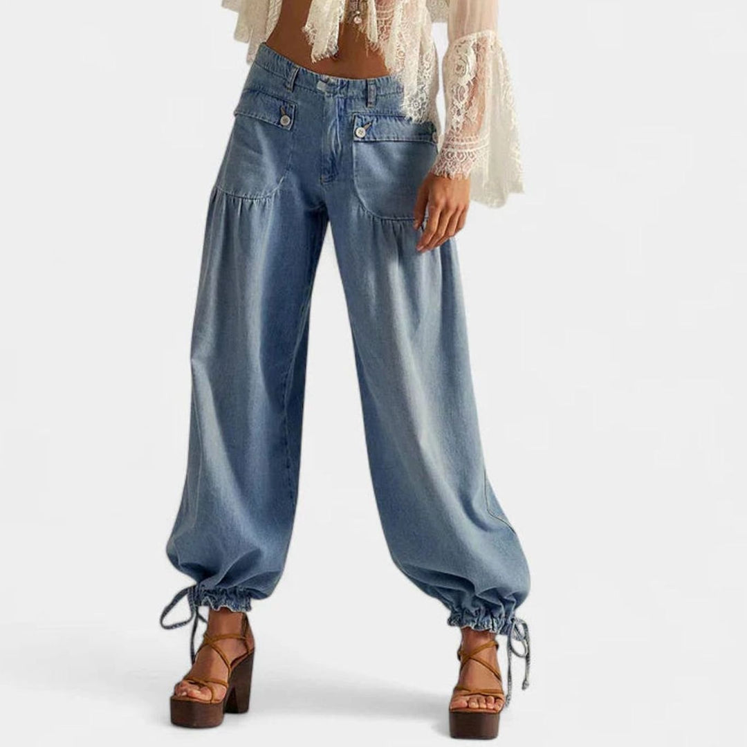 Women's Loose Wide-Leg Denim Drawstring-Hem Balloon Trousers - Light Blue