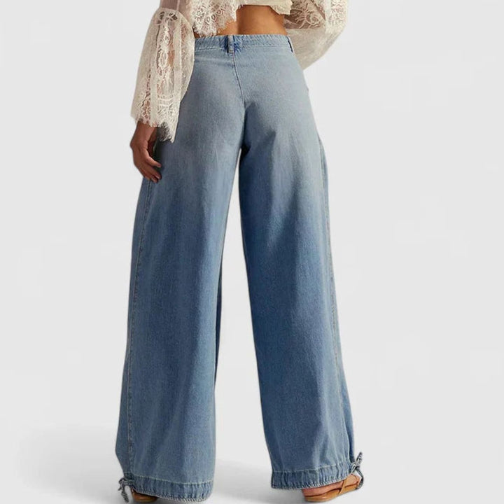 Women's Loose Wide-Leg Denim Drawstring-Hem Balloon Trousers