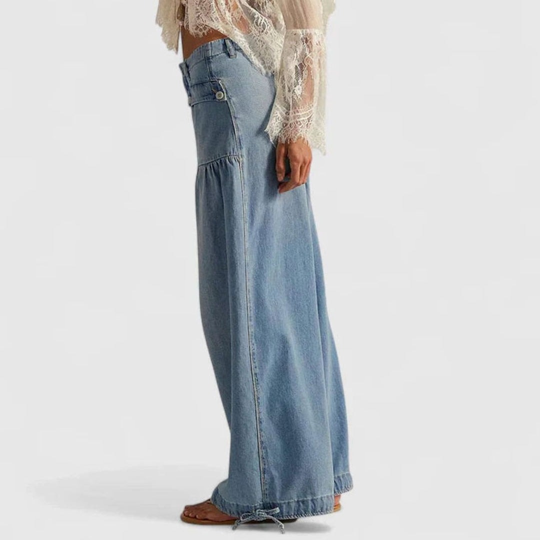 Women's Loose Wide-Leg Denim Drawstring-Hem Balloon Trousers