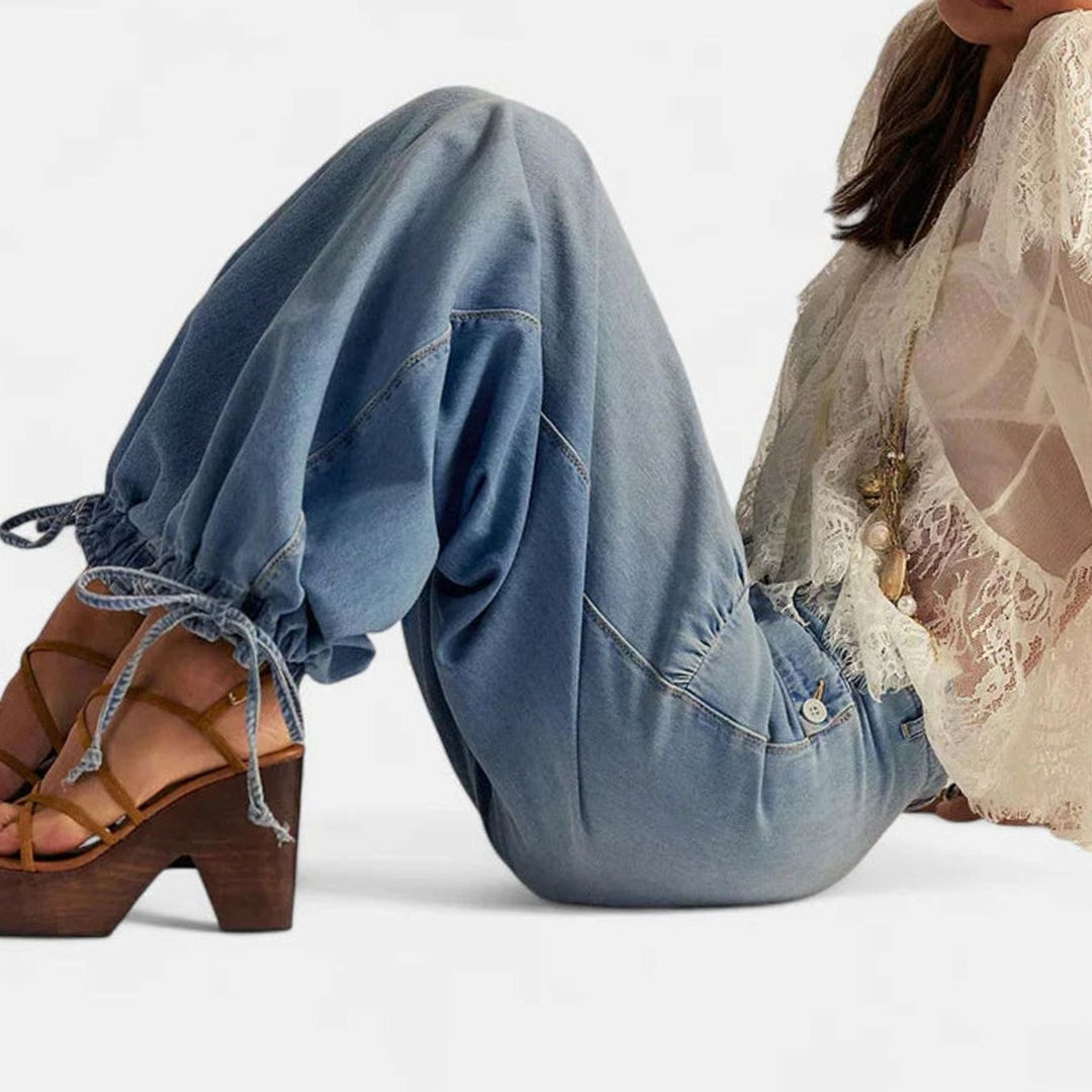 Women's Loose Wide-Leg Denim Drawstring-Hem Balloon Trousers