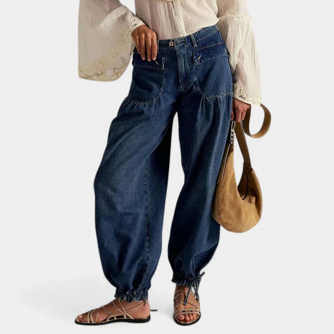 Women's Loose Wide-Leg Denim Drawstring-Hem Balloon Trousers - Dark Blue