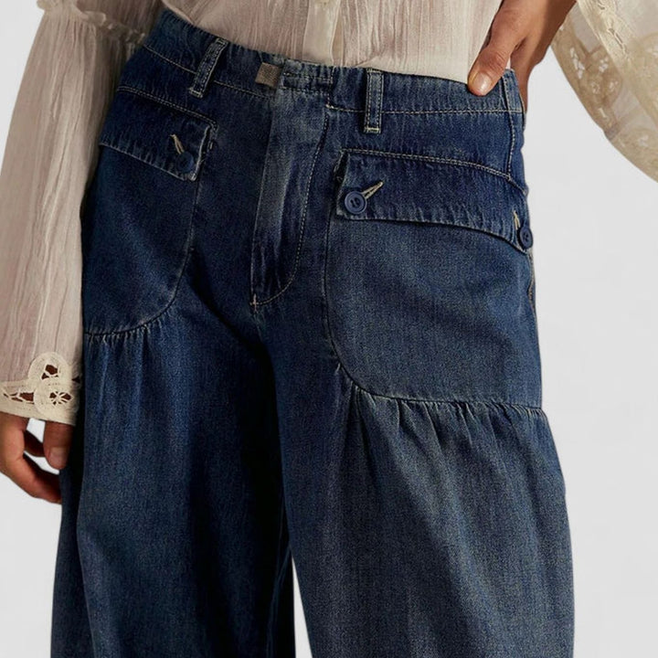 Women's Loose Wide-Leg Denim Drawstring-Hem Balloon Trousers