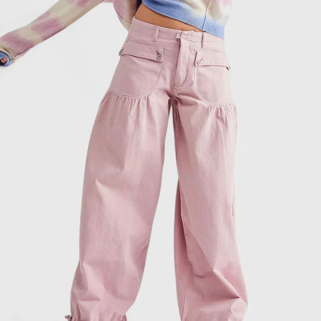 Women's Loose Wide-Leg Denim Drawstring-Hem Balloon Trousers - Pink