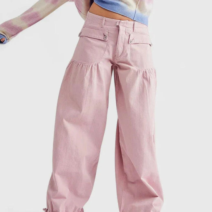 Women's Loose Wide-Leg Denim Drawstring-Hem Balloon Trousers - Pink