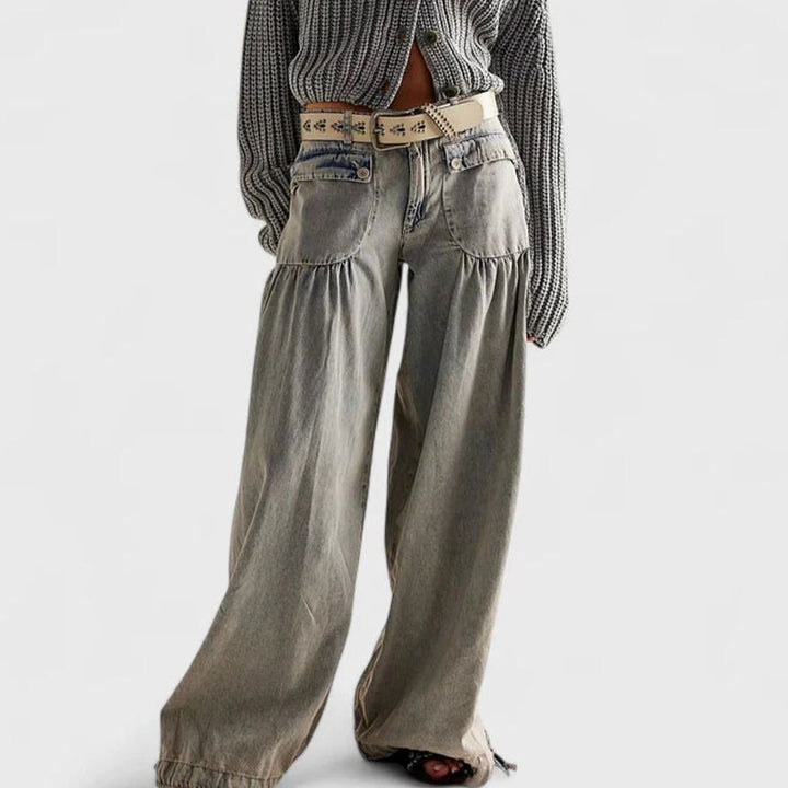 Women's Loose Wide-Leg Denim Drawstring-Hem Balloon Trousers - Grey