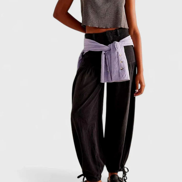 Women's Loose Wide-Leg Denim Drawstring-Hem Balloon Trousers - Black