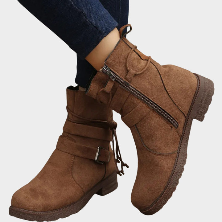 Women's Low-Heel Suede Ankle Boots Buckle Zip - Brown