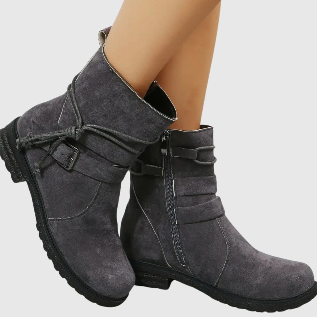 Women's Low-Heel Suede Ankle Boots Buckle Zip - Dark Grey
