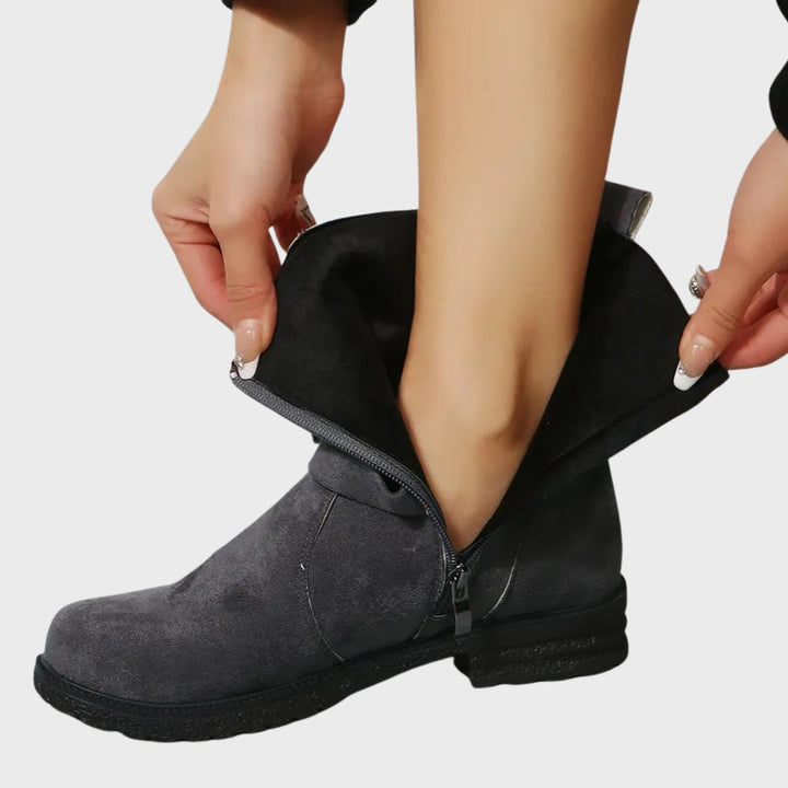 Women's Low-Heel Suede Ankle Boots Buckle Zip