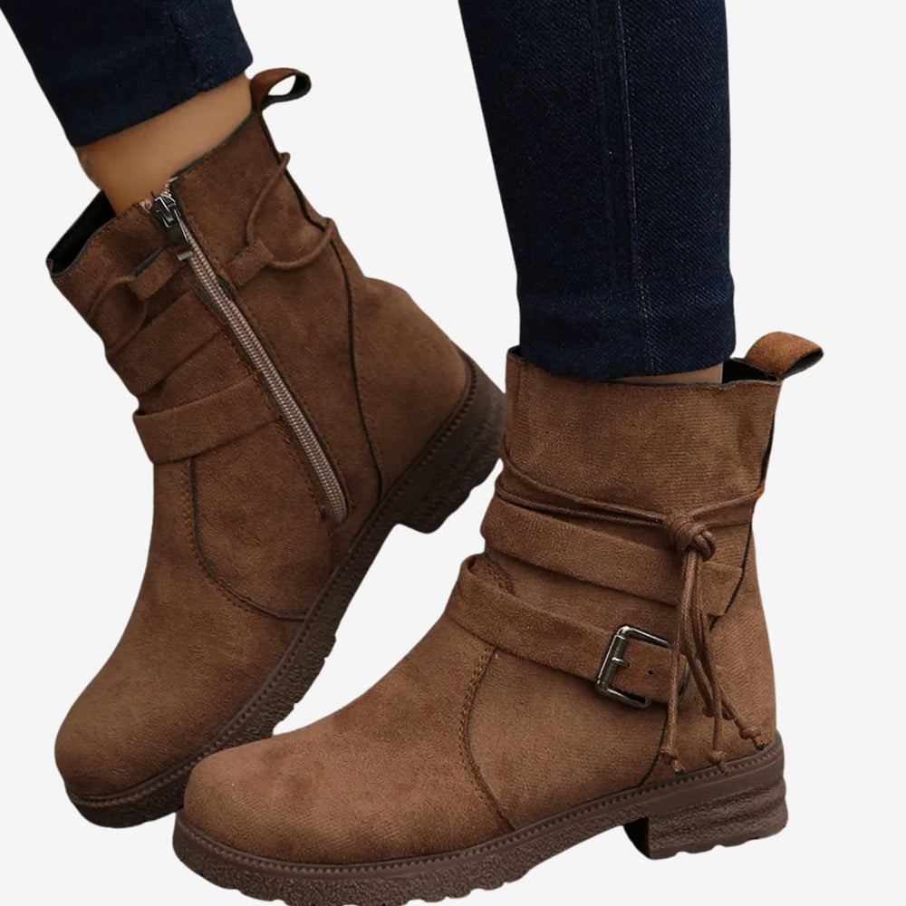 Women's Low-Heel Suede Ankle Boots Buckle Zip