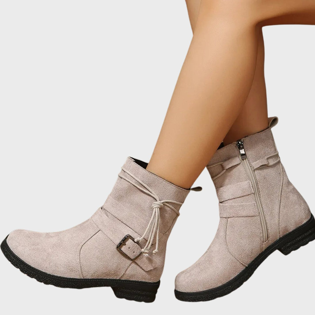 Women's Low-Heel Suede Ankle Boots Buckle Zip