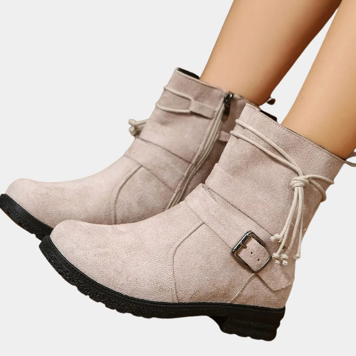 Women's Low-Heel Suede Ankle Boots Buckle Zip - Dusty Taupe