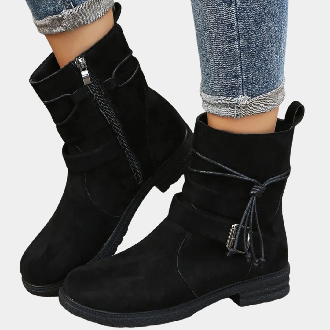 Women's Low-Heel Suede Ankle Boots Buckle Zip