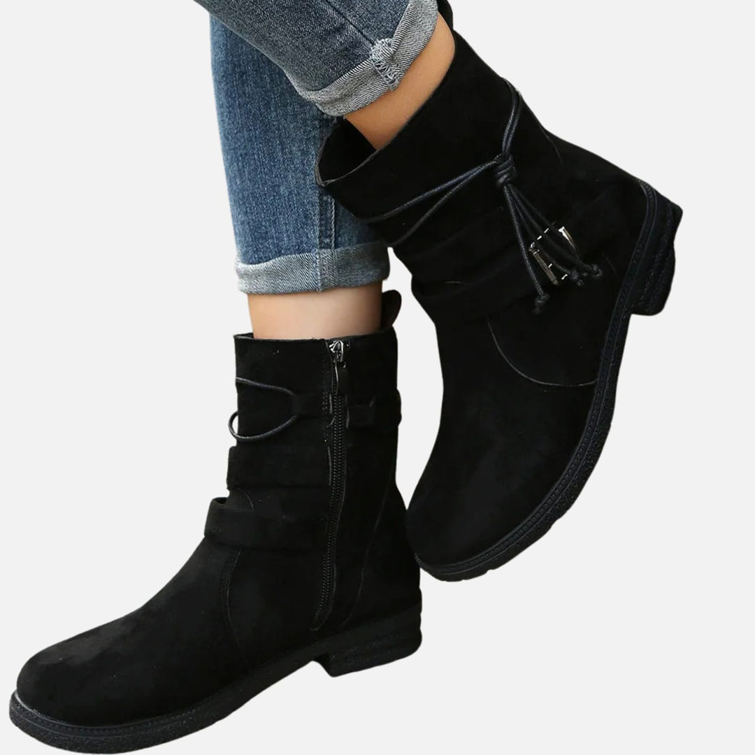 Women's Low-Heel Suede Ankle Boots Buckle Zip - Black