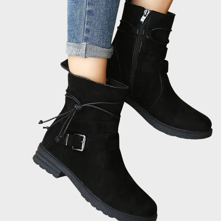Women's Low-Heel Suede Ankle Boots Buckle Zip
