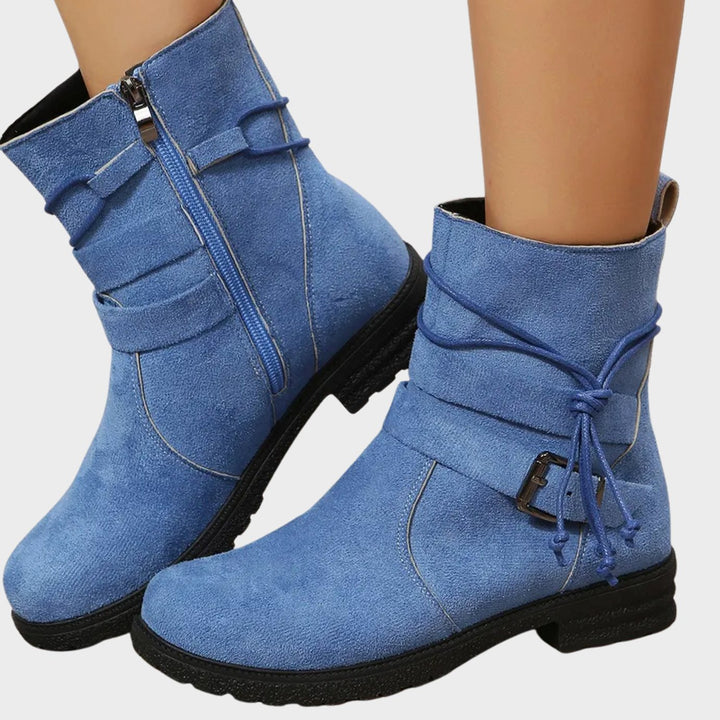Women's Low-Heel Suede Ankle Boots Buckle Zip - Sky Blue
