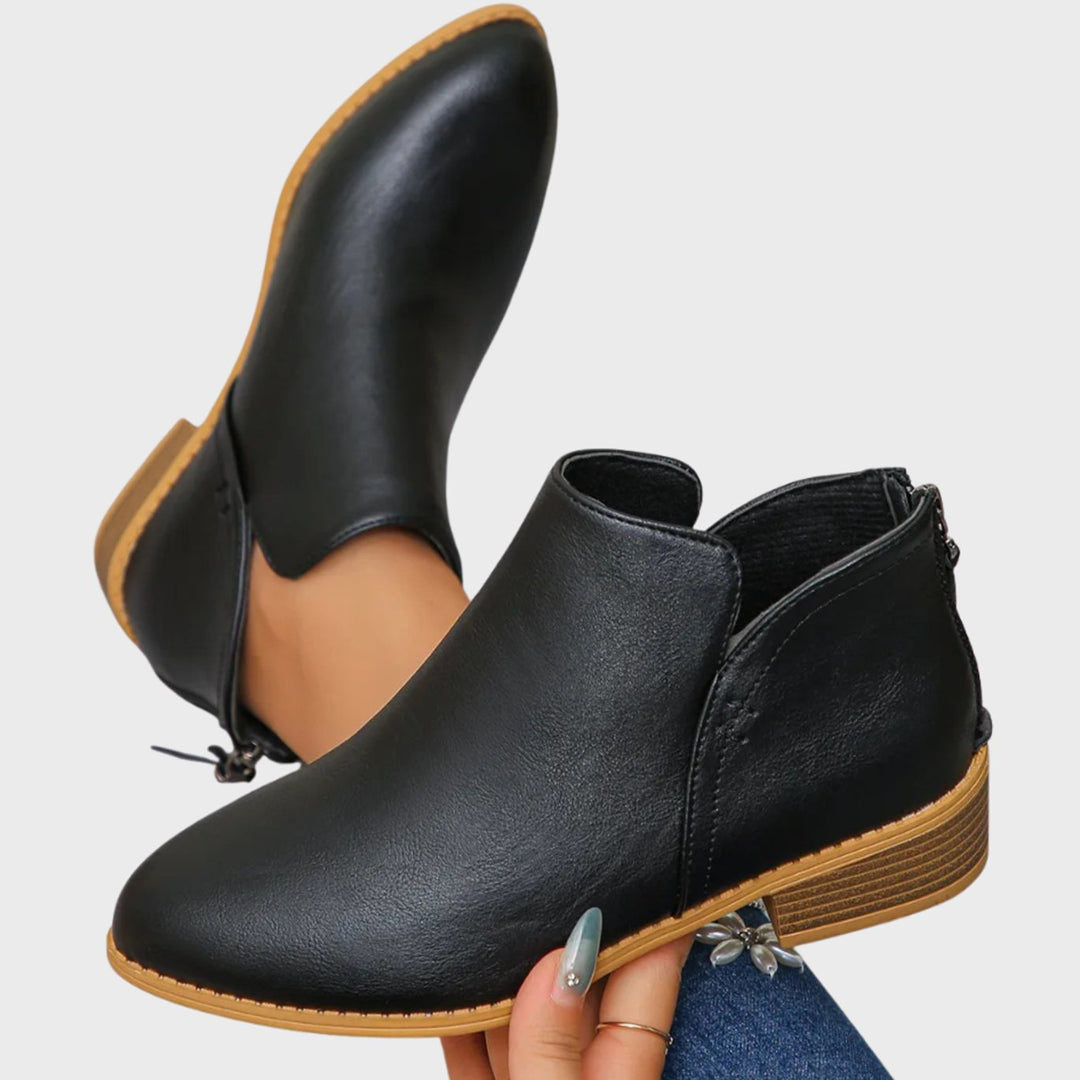 Women's Low-Heel Zip-Up Faux Leather Ankle Boots - Black
