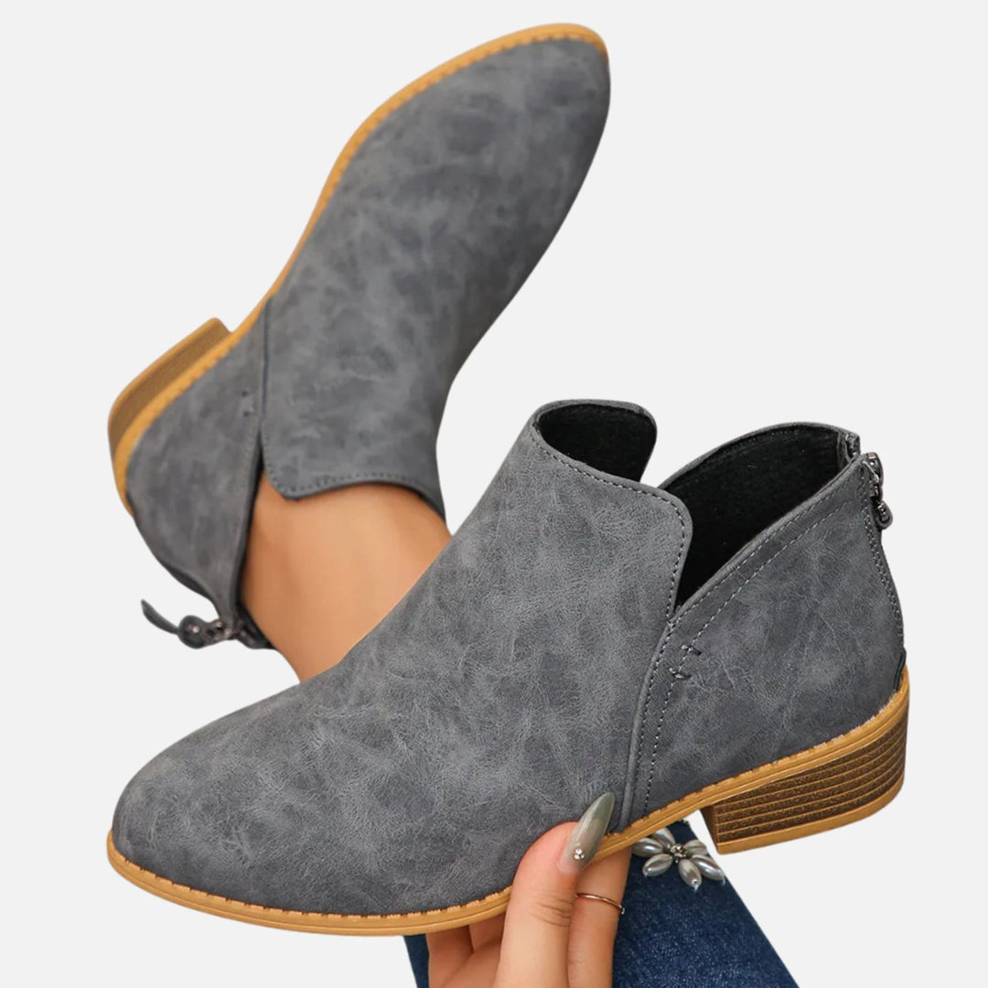 Women's Low-Heel Zip-Up Faux Leather Ankle Boots - Grey