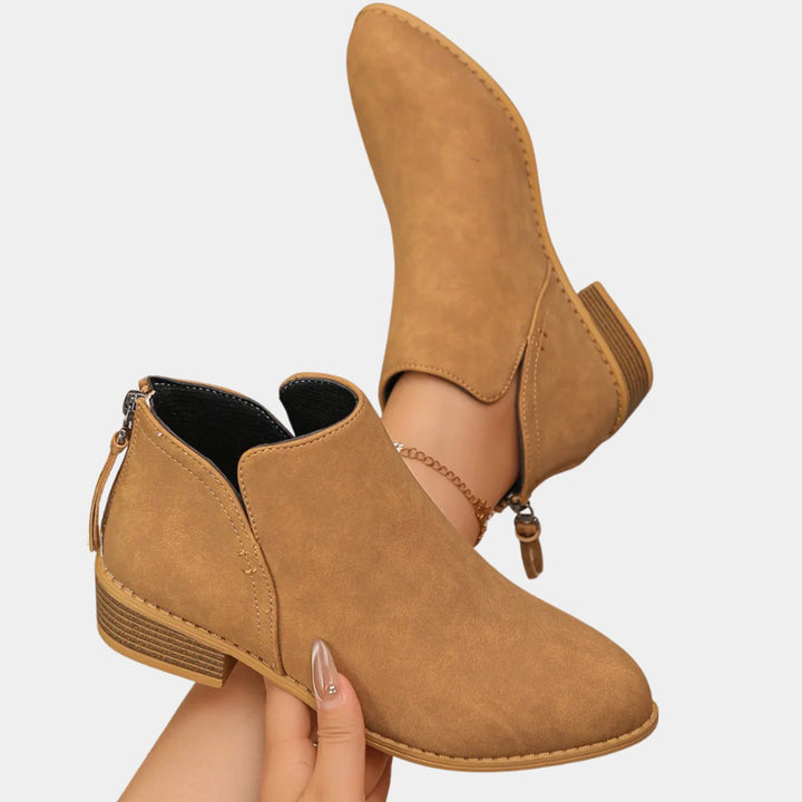 Women's Low-Heel Zip-Up Faux Leather Ankle Boots - Light Brown