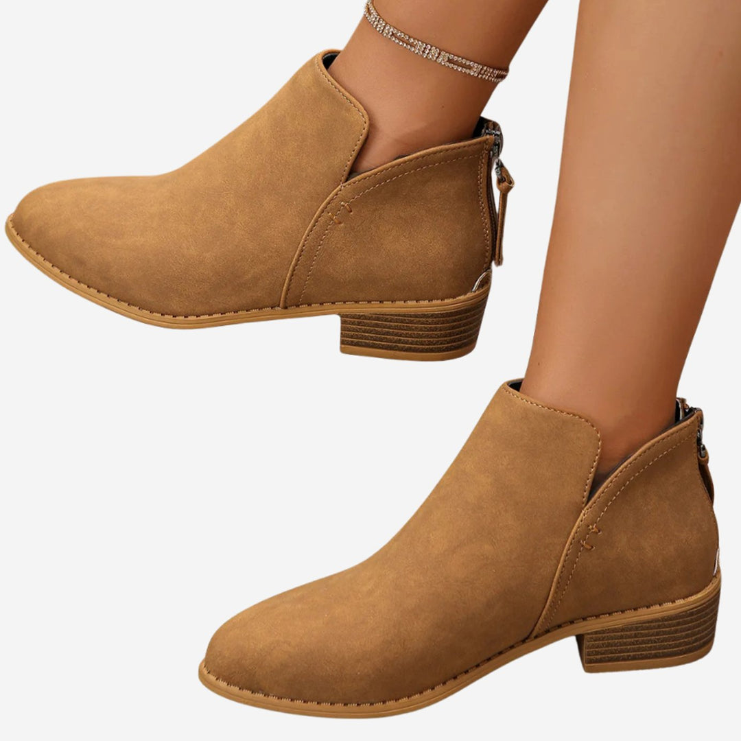Women's Low-Heel Zip-Up Faux Leather Ankle Boots