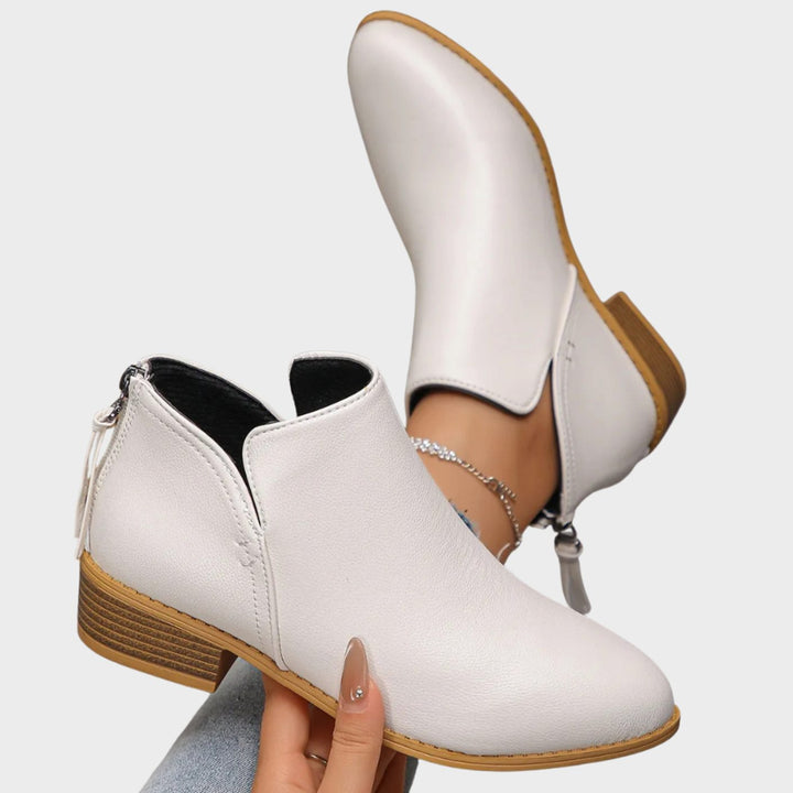Women's Low-Heel Zip-Up Faux Leather Ankle Boots - White