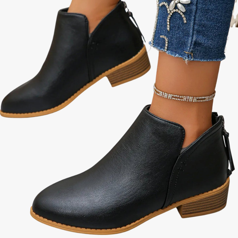 Women's Low-Heel Zip-Up Faux Leather Ankle Boots