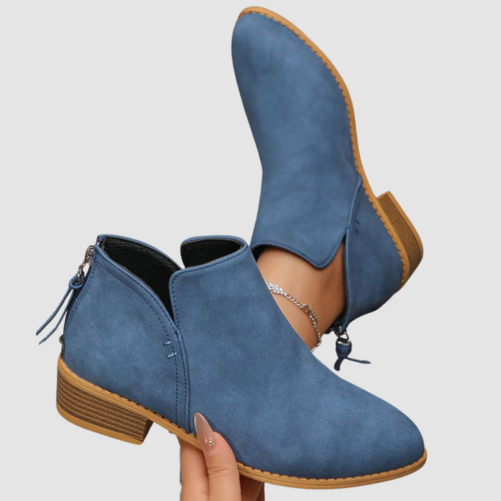 Women's Low-Heel Zip-Up Faux Leather Ankle Boots - Blue