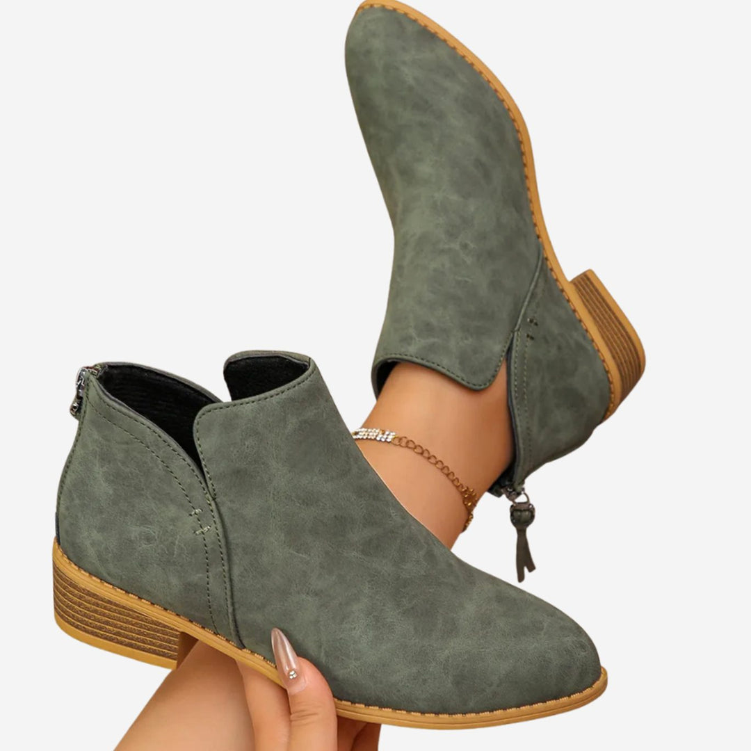 Women's Low-Heel Zip-Up Faux Leather Ankle Boots - Olive Green