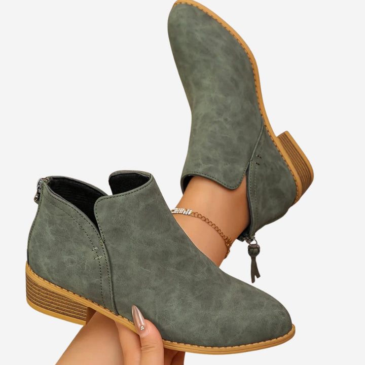 Women's Low-Heel Zip-Up Faux Leather Ankle Boots - Olive Green