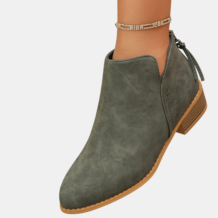 Women's Low-Heel Zip-Up Faux Leather Ankle Boots