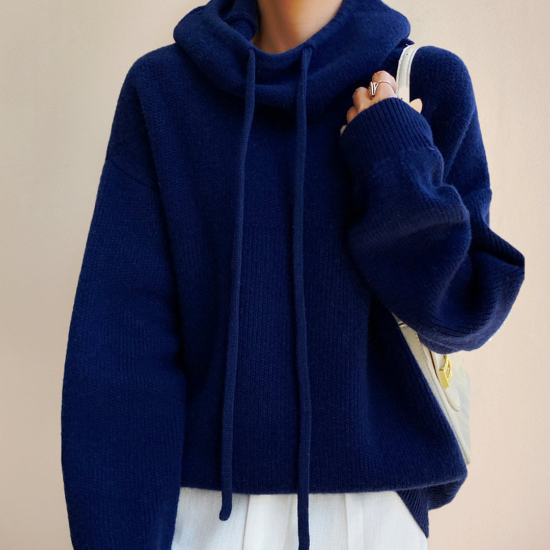 Women's Merino Wool Hooded Knitted Jumper - Blue