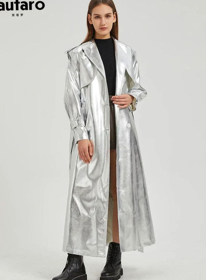 Women's Metallic Faux Leather Belted Maxi Trench Coat