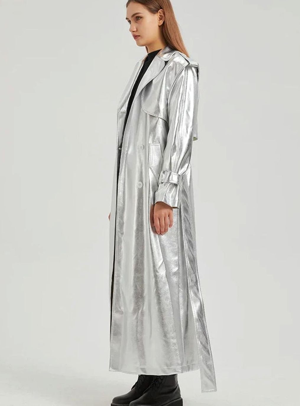 Women's Metallic Faux Leather Belted Maxi Trench Coat - Silver